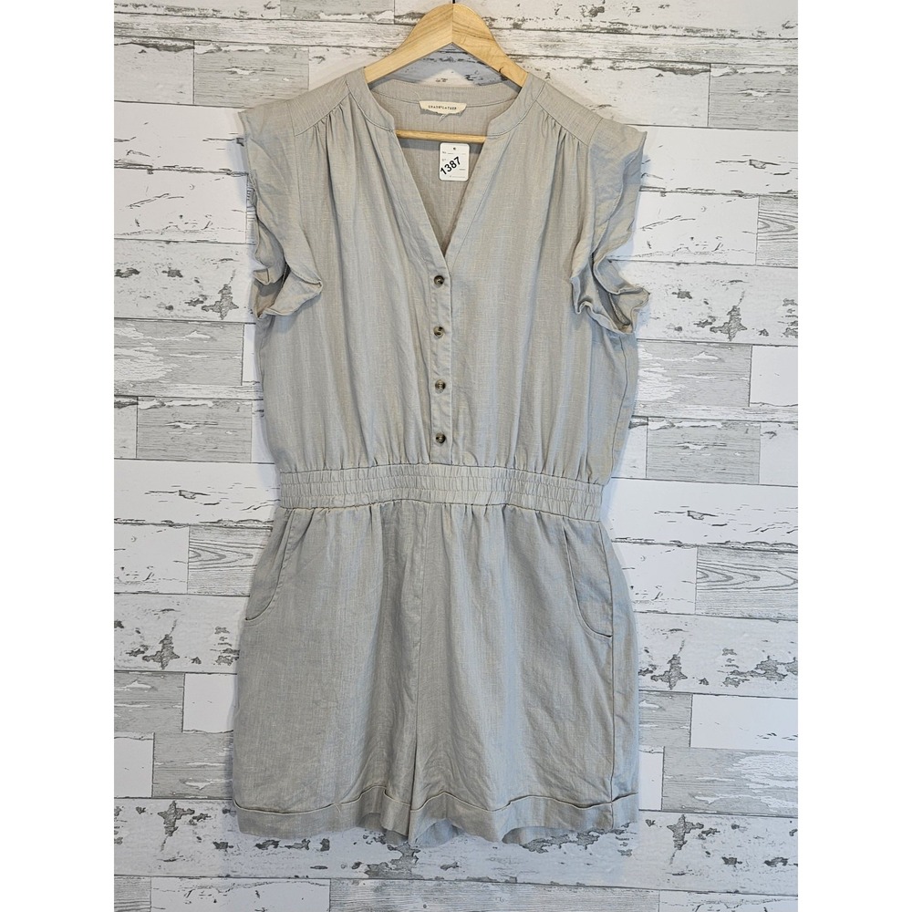 Grade & Gather Womens Xlarge Romper 100% Linen Ruffle Sleeves Gray